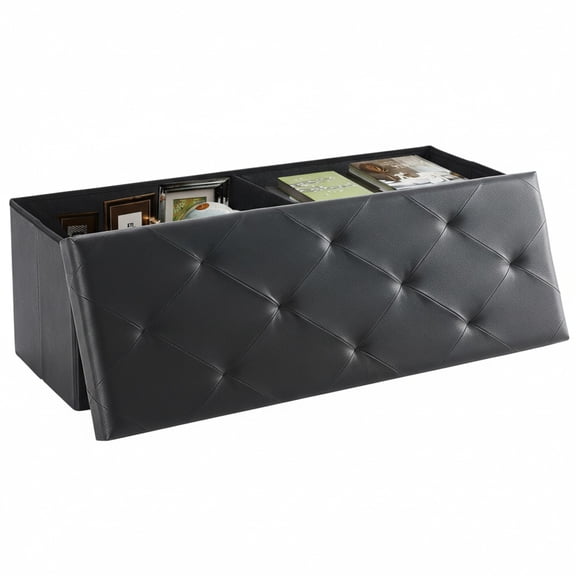 CONCETTA 43" Storage Ottoman Bench, Foldable Storage Chest, End of Bed Foot Stool with Padded Seat, Bedroom Bench, Support 660lbs, PVC Black