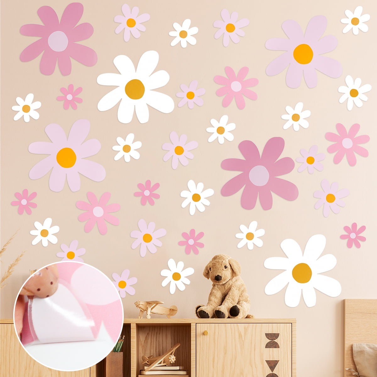 Daisy Wall Decal Flower Wall Sticker Cute Daisy Sticker Pink White Flower Decal Peel and Stick Floral Wallpaper for Nursery Bedroom Home Decor 12 Sheets Pink