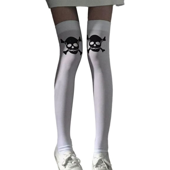 Womens Stretchable Over Knee Socks With Skull Print Soft Nylon Fabric Thigh High Stockings For Halloween Costume Parties