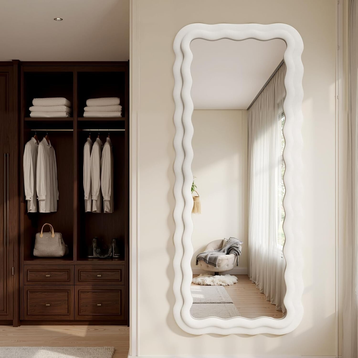 Easy4Home 63"x24" Rectangular Full Length Mirror with Wavy Flannel Frame Freestanding Decorative Round Edge Floor Mirror, White