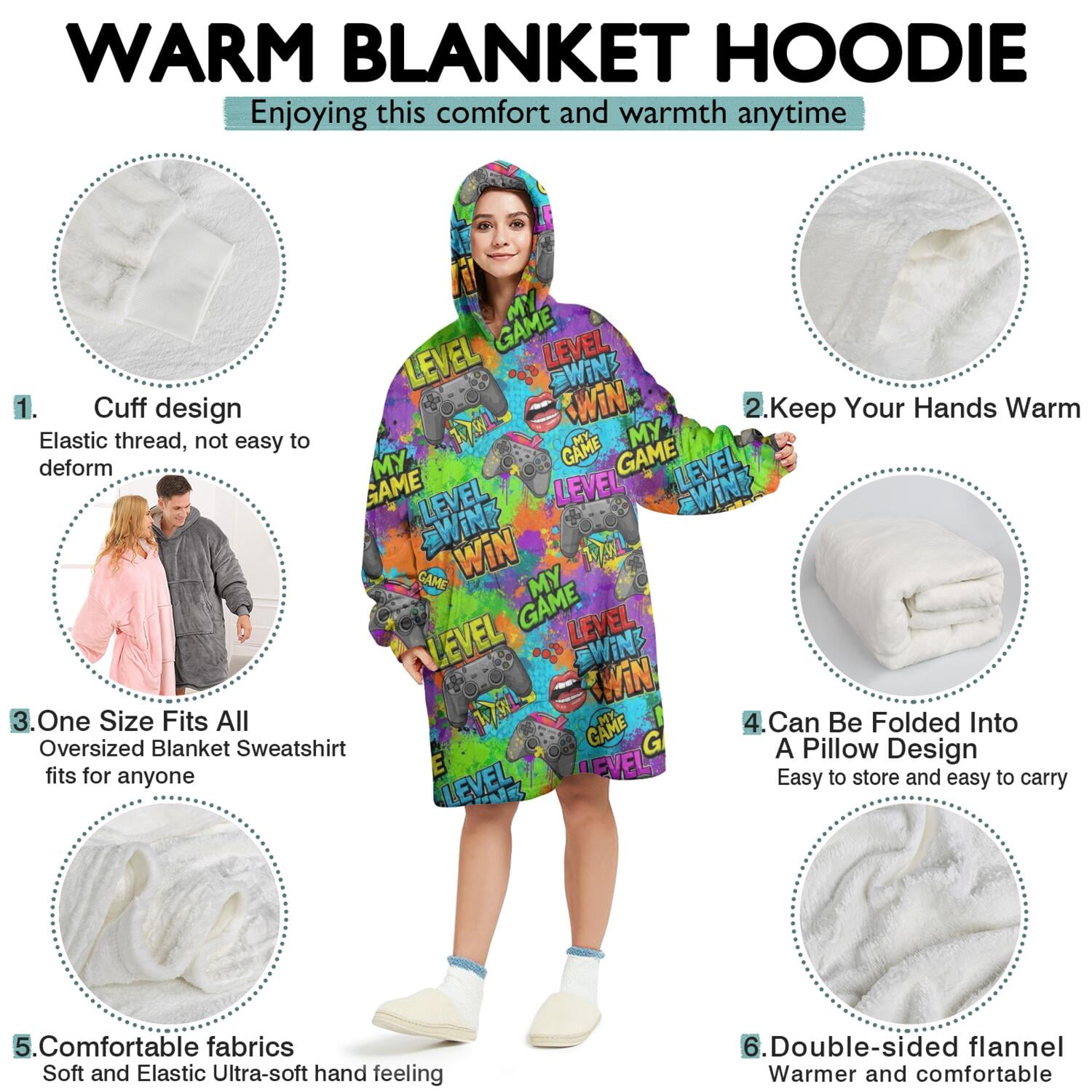 Wearable Oversized Blanket,Multicolor Controllers Games Icons Colorful Pattern Wearable Blanket Hoodie for Adults,Cozy Hooded Blankets with Super Pockets,Super Warm Fuzzy Pullover for Women & Men