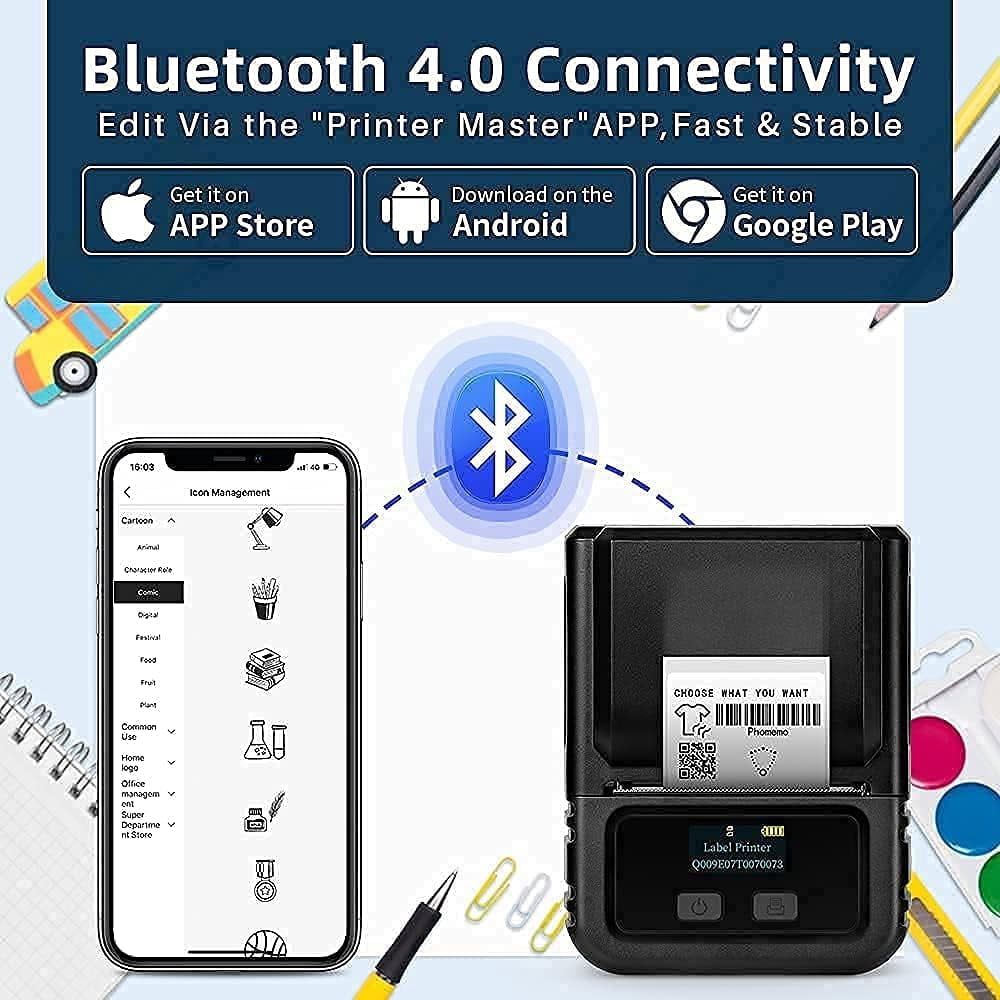 Phomemo M120 Portable Bluetooth Label Maker Thermal Barcode Label Printer Effortlessly Print 2 Inch 50mm Organize Barcodes for Retail, Small Business and More Compatible with Android iOS ＆ PC（Black）