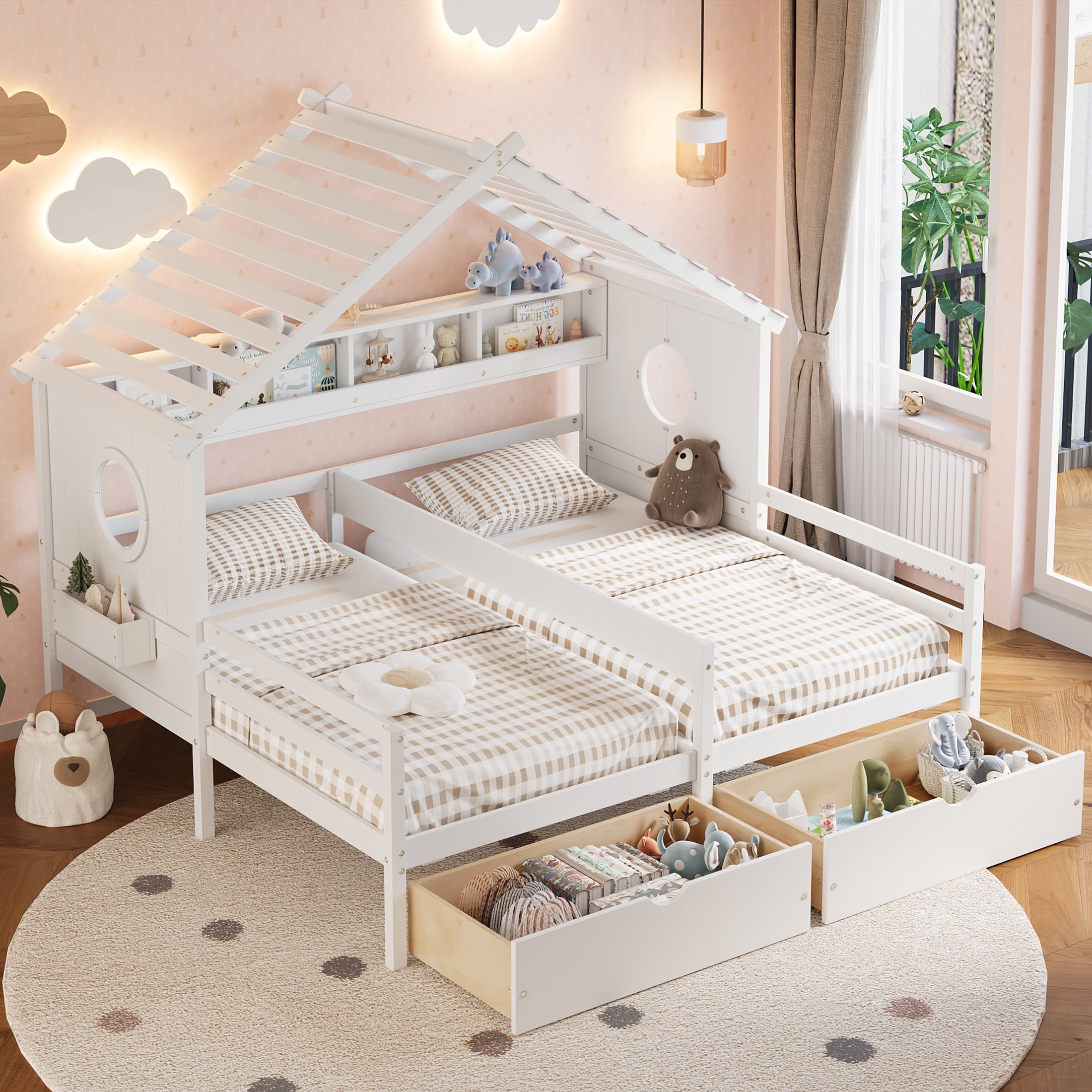 Noble House Twin Kids House Bed with Two Side-by-Side Beds, Bookcase and Under-Bed Drawers, White