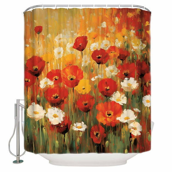 Retro Floral Shower Curtain, 60" x 72", Red White Poppy Flowers Lawn Oil Painting Waterproof Bathroom Curtain Washable Shower Curtain Set with 12 Hooks