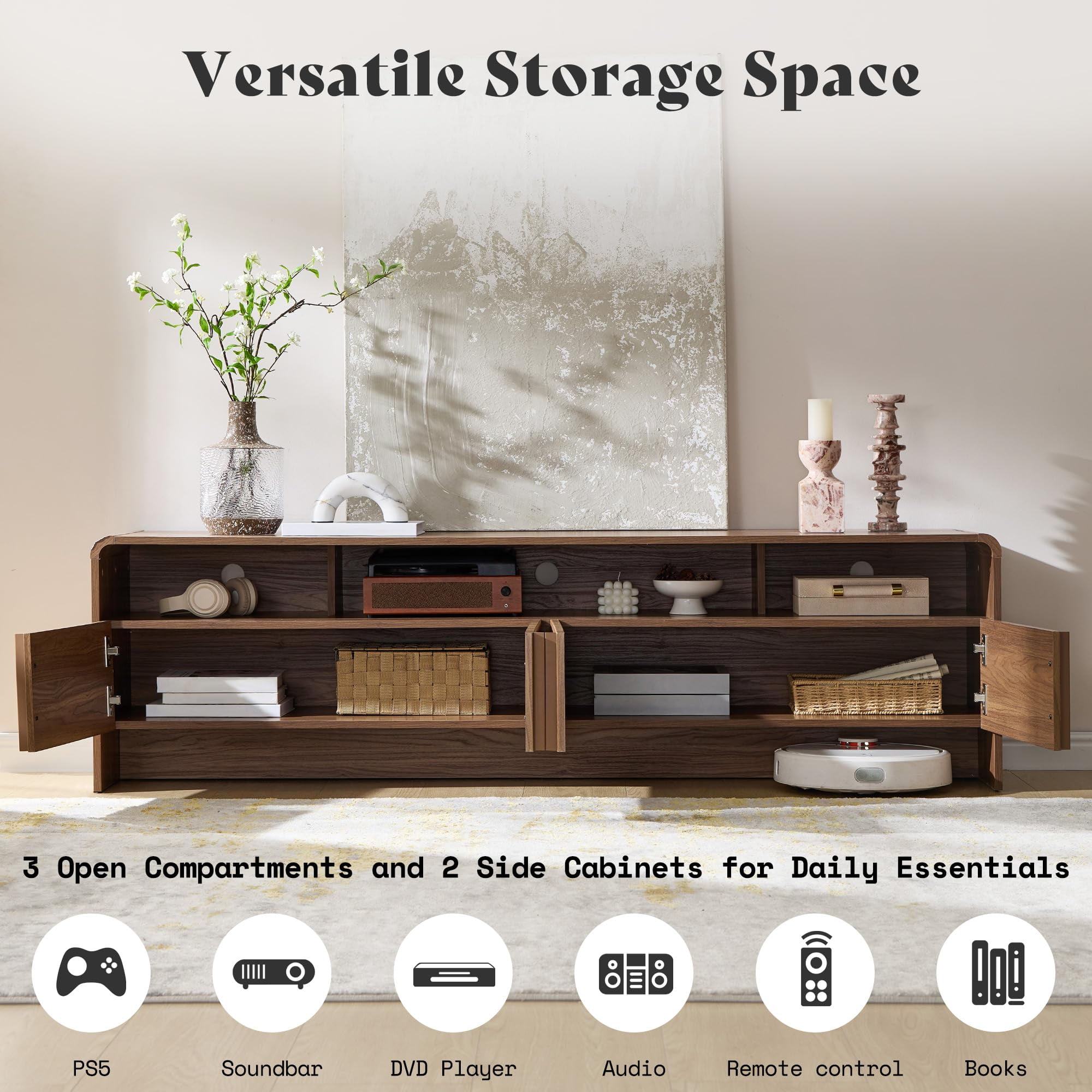 Papajet 70" Modern TV Stand for TVs up to 80", Fluted TV Console with Storage Cabinets, Wood Entertainment Center for Living Room, Brown