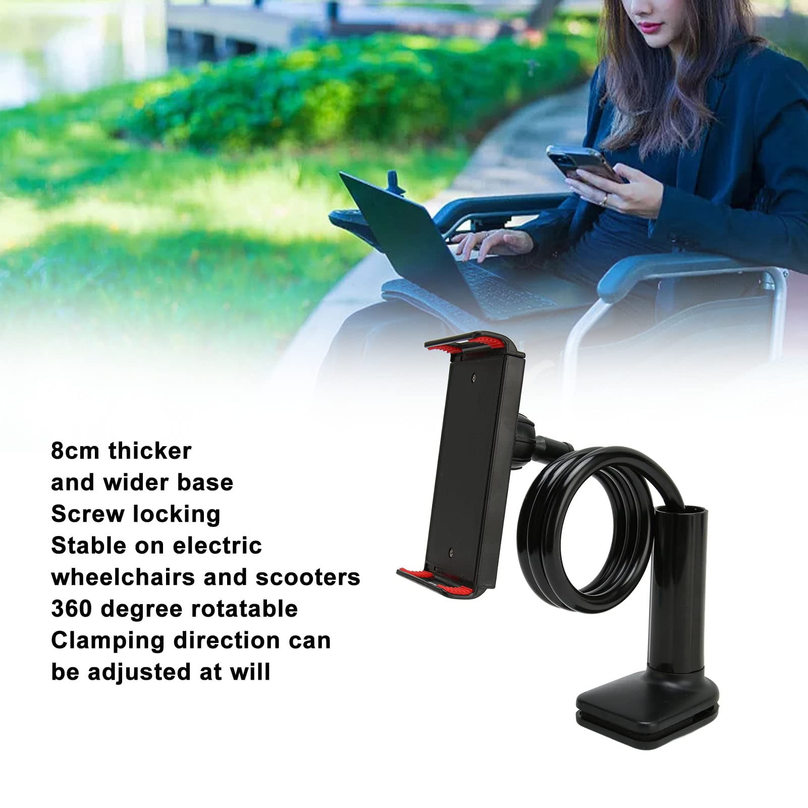 Phone Stand, Phone Holder, Flexible Gooseneck Adjustable 360-Degree Rotation Phone Clamp Stand for Wheelchair Use, Thickened Base, Black