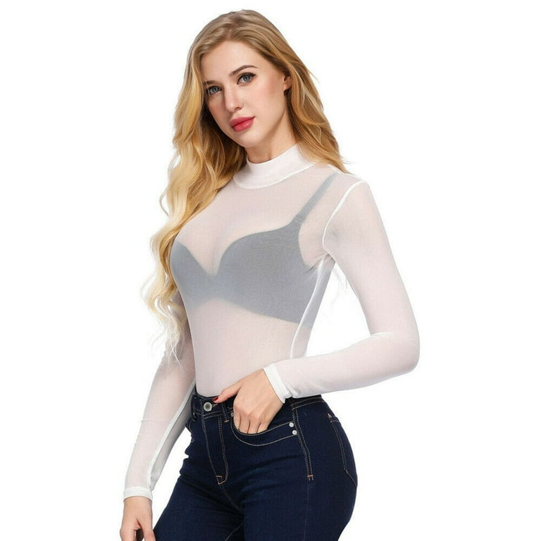 Womens Long Sleeve High Neck Arm Shaper Top Sheer Mesh Yoke Casual