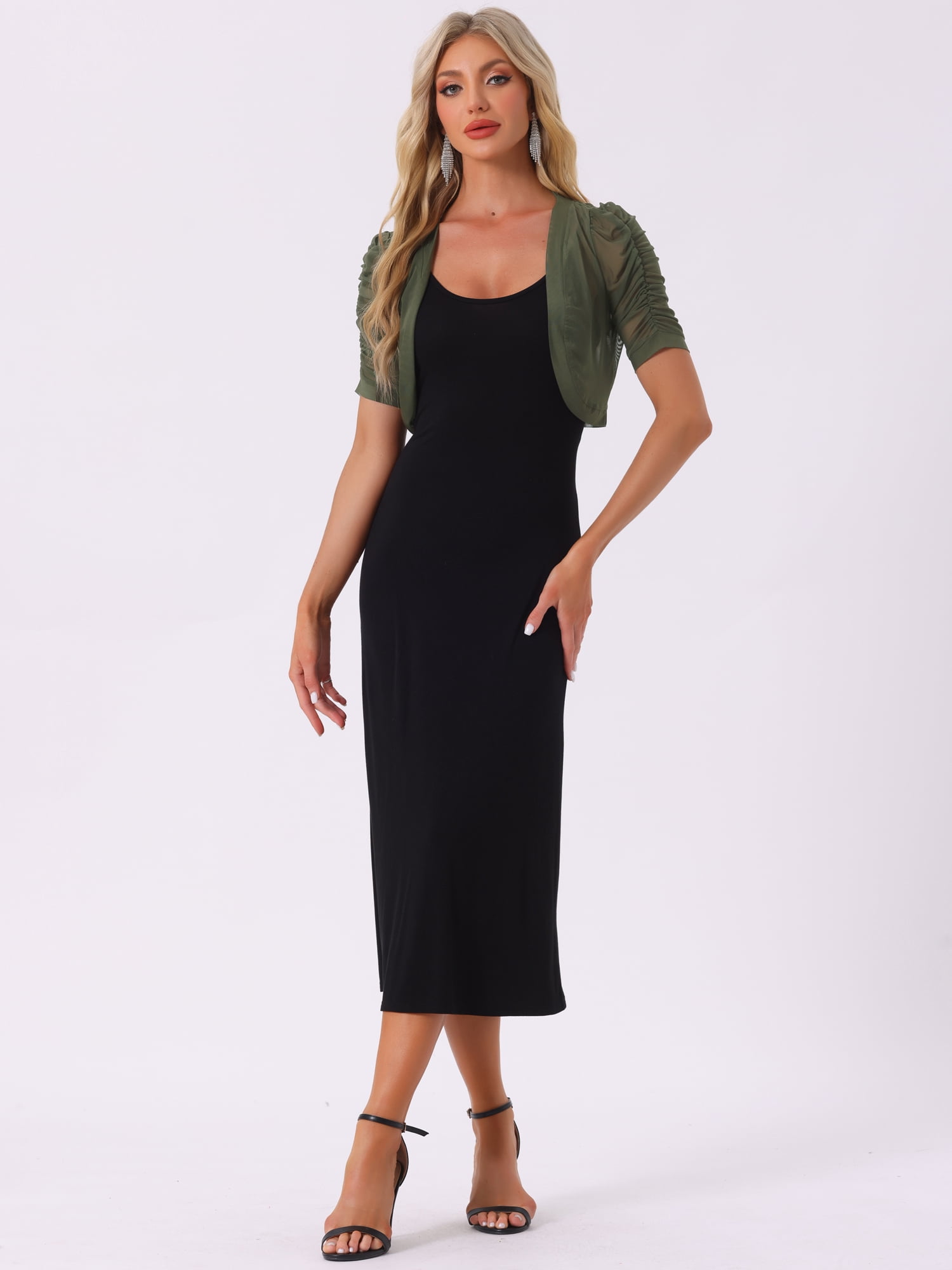 DARING DIVA Women's Mesh Sheer Shrug Cropped Cardigan Bolero L Army Green