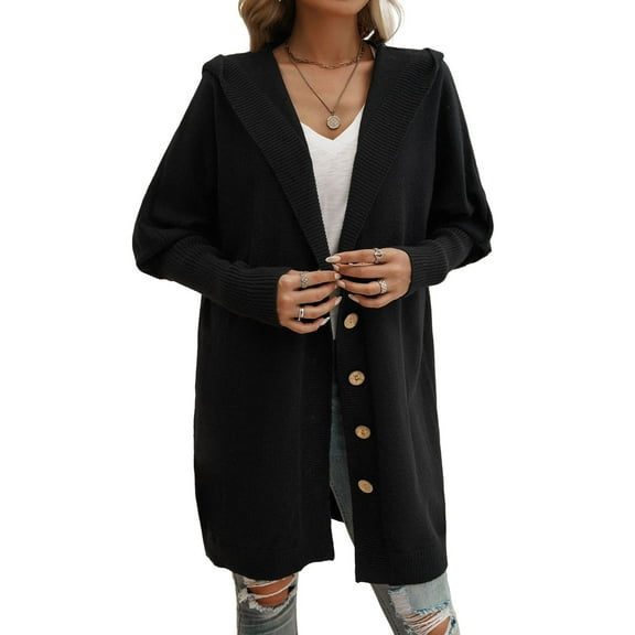 SWSMCLT Women's Winter Top Warm Sweater Acrylic Fashion Coats Long Sleeve Button Hooded Spring Oversized Black Large
