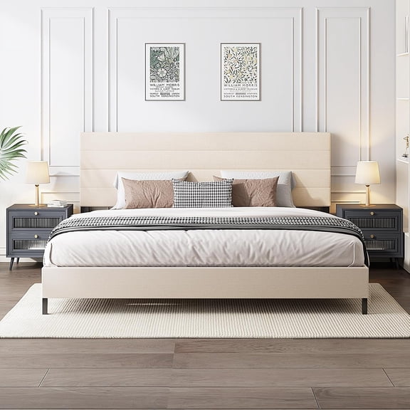 Furnihome King Size Bed Frame with Adjustable Headboard, Modern Upholstered Linen Bed Frame King, Wooden Slats Support Platform, No Box Spring Needed,Easy Assembly,Beige