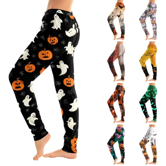 Hearthz Halloween Print Pajama Pants Women Ghost Pumpkin Spider Web Graphic Jogger Lounge Pants Elastic Waist Womans Lounge Pants with Cuffed Ankles