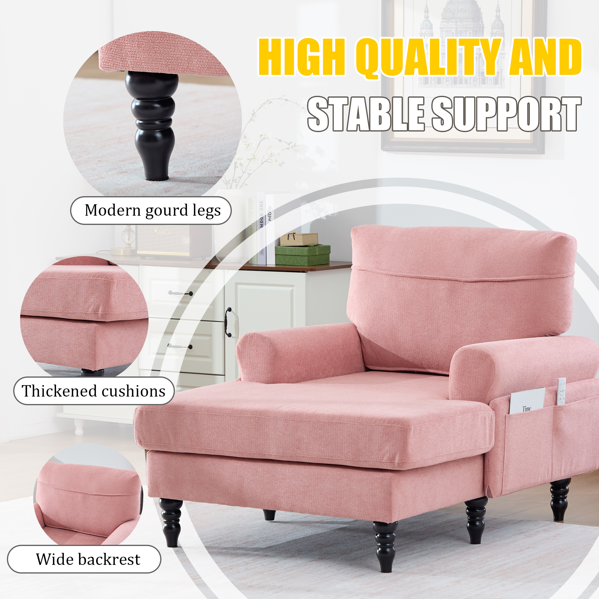 MOONMISS Chenille Upholstered Wood Frame Recliner Single Sofa with Comfortable Backrest and Armrests-Pink