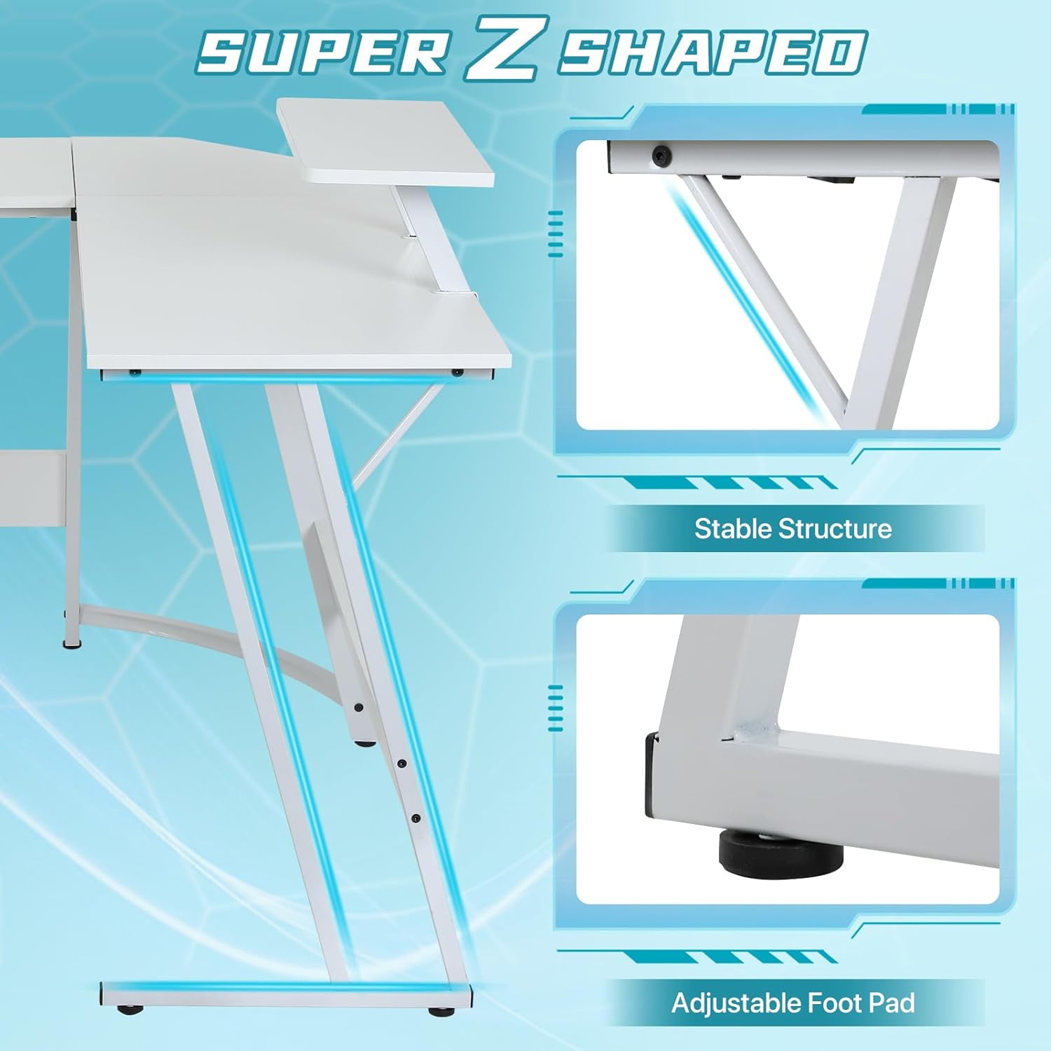 CL.HPAHKL L Shaped Gaming Desk, Corner Computer Desk Table with Monitor Stand for Home Office Study Writing, White