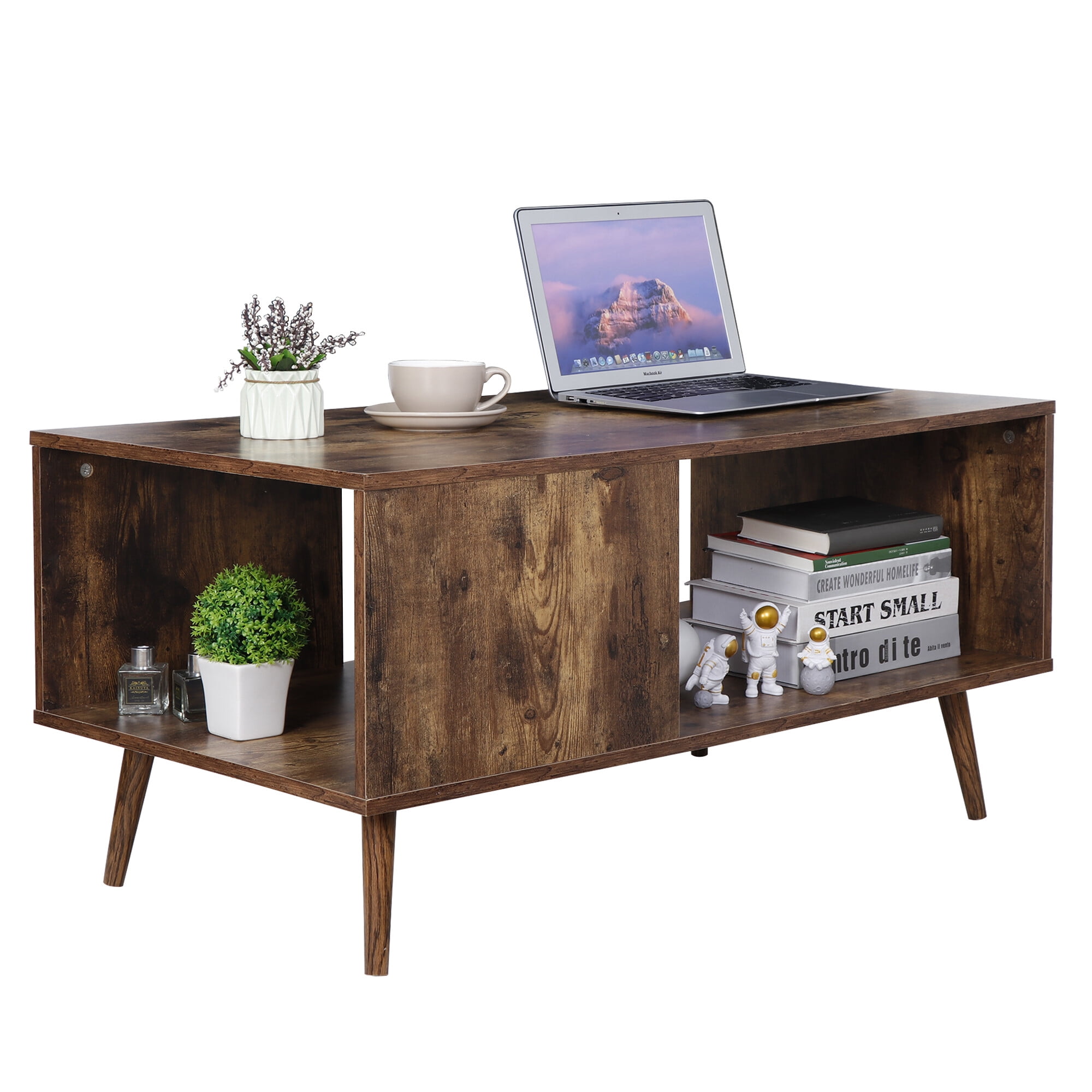 ZENY Wooden Mid Century Coffee Table with Open Storage Shelf Vintage Accent TV Table for Living Room, Bedroom Home/Office Indoor, Brown