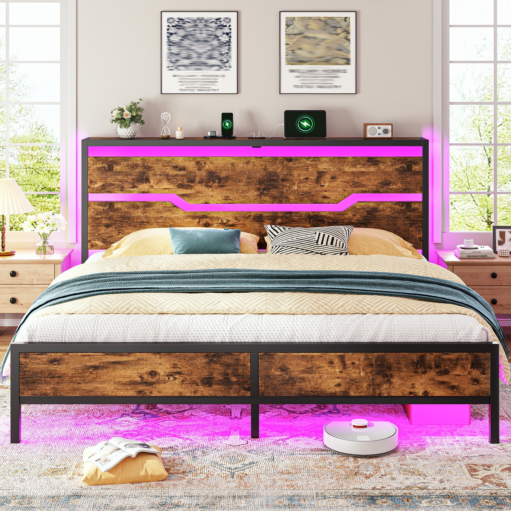 EnHomee King Bed Frame with Wooden Headboard Metal Platform Bed Frame with Storage Platform Metal Bed with Charge Station & LED Lights & 13" Under-Bed Storage, Rustic Brown