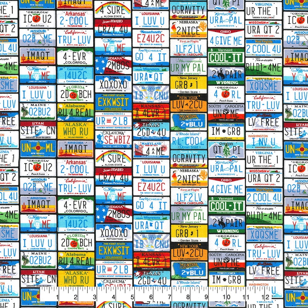 Novelty License Plates 44' 100% Cotton Novelty Fabric, One-Yard Precut, Multi-color