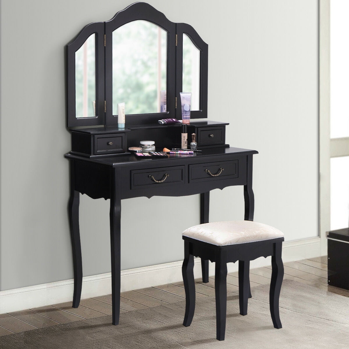 Gymax Vanity Set Makeup Table Dresser Tri Folding Mirror 4 Drawers With Stool Black