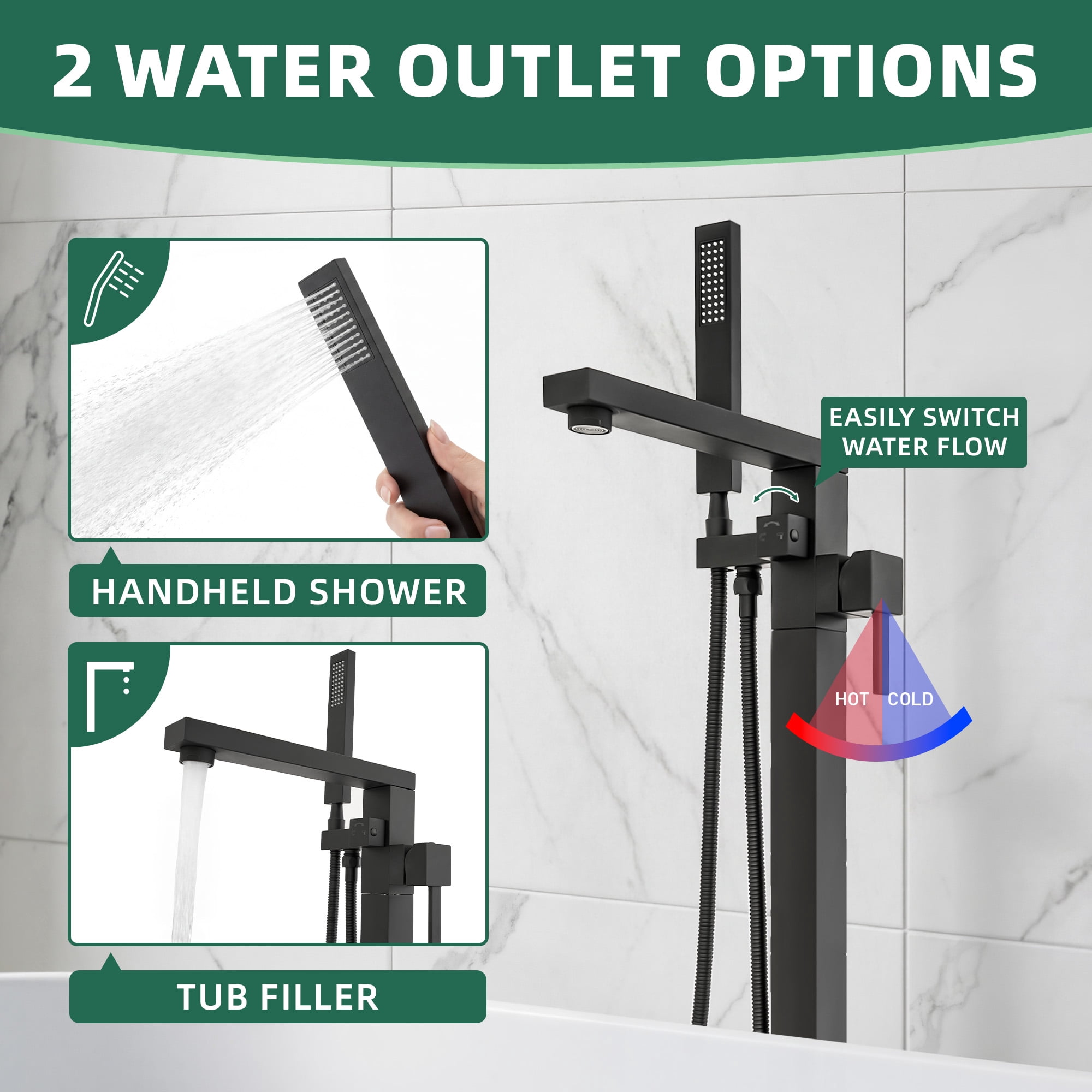 Free Standing Tub Faucet, 360°Swivel High Flow Freestanding Bathtub Faucet with Handheld Shower, Brass Body Tub Filler for Modern Bathroom, Matte Black