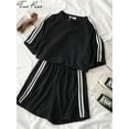 thumbnail image 5 of Summer Striped Tracksuit Set For Women Short Sleeve T Shirt Mini Shorts Two Piece Set Female 2023 Casual Women's Sportwear Suit, 5 of 5