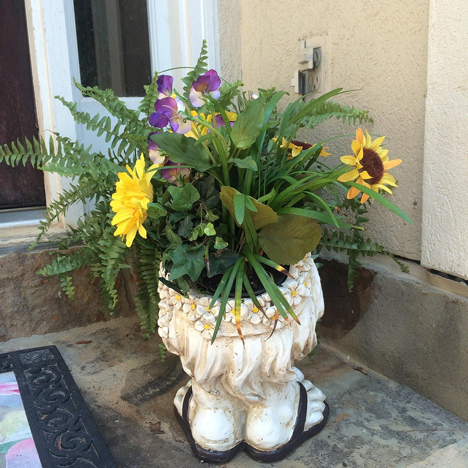 Homestyles 12"H Muggly Hippie Flower Child "Janice" Antique White Accent Face Humorous Planter Garden Statue (Holds 4" Pot)