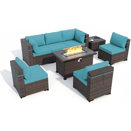 Gotland Outdoor Patio Furniture Set 8 Pieces Rattan Wicker Sectional Sofa with 43.3 Gas Fire Pit Table Green Blue