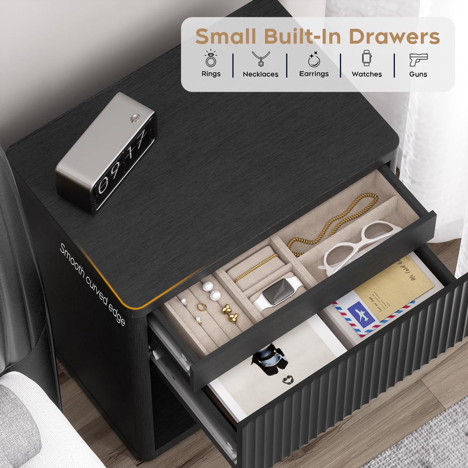 Brafab Mid Century Modern Nightstand Set of 2 with Hidden Drawers and Open Shelves, 22.8" W