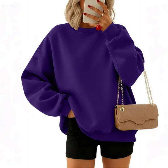 Xyxonk Womens Sweatshirt Soft Drop Shoulder Pullover Tunics Fall Crew Neck Long Sleeve Street Hoodie with Pocket Solid Color Clothes,Dark Purple XL
