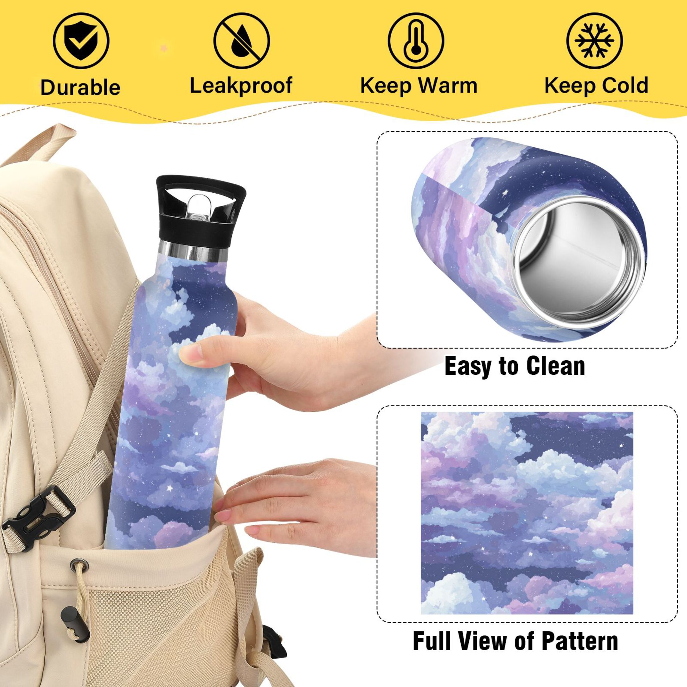 600ML Stainless Steel Insulated Cup Sports Water Bottle Portable Thermos Cup Water Glasses Insulated Tumblers Convenient and Durable Purple Sky