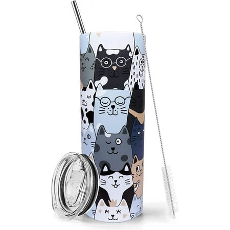 

Cat Tumbler With Lid and Straw 20 oz Insulated Cat Tumbler Stainless Steel Cat Skinny Tumbler Water Bottle Travel Mug Wine Cups Cat Tumblers for Cat Lovers Gifts for Women