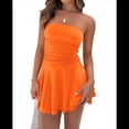 thumbnail image 2 of Vestido de Seda con Escote Tubo para Mujer, Sin Tirantes, Fruncido, con Cintura Vasca y Volantes, Minivestido de Fiesta. Color Naranja S, 2 of 10