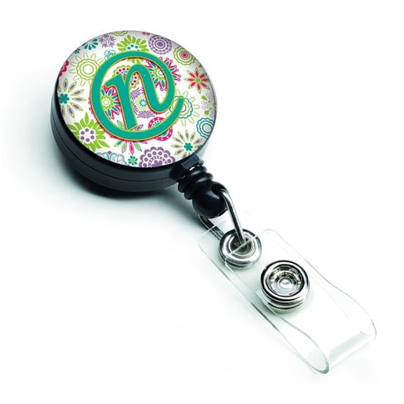 Carolines Treasures CJ2011-NBR Letter N Flowers Pink & Teal Green Initial Retractable Badge Reel