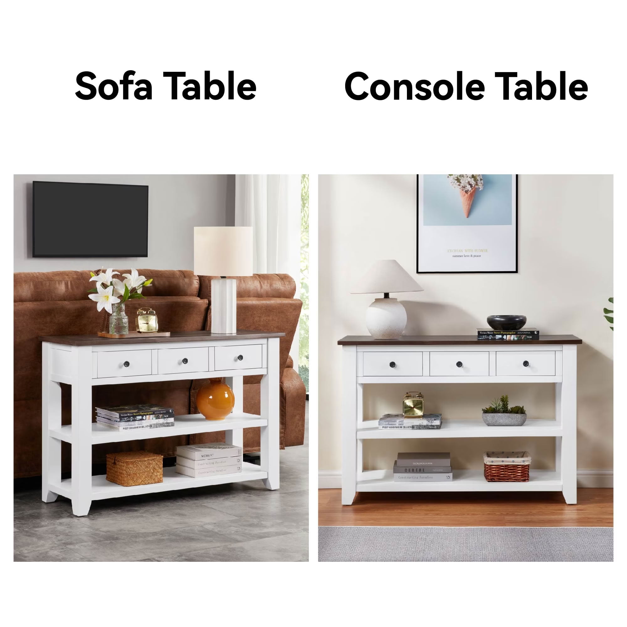 MAYEERTY 44" Retro Console Table with Drawers and Open Shelves, Solid Wood Entryway Table for Living Room, Hallway, Dining Room