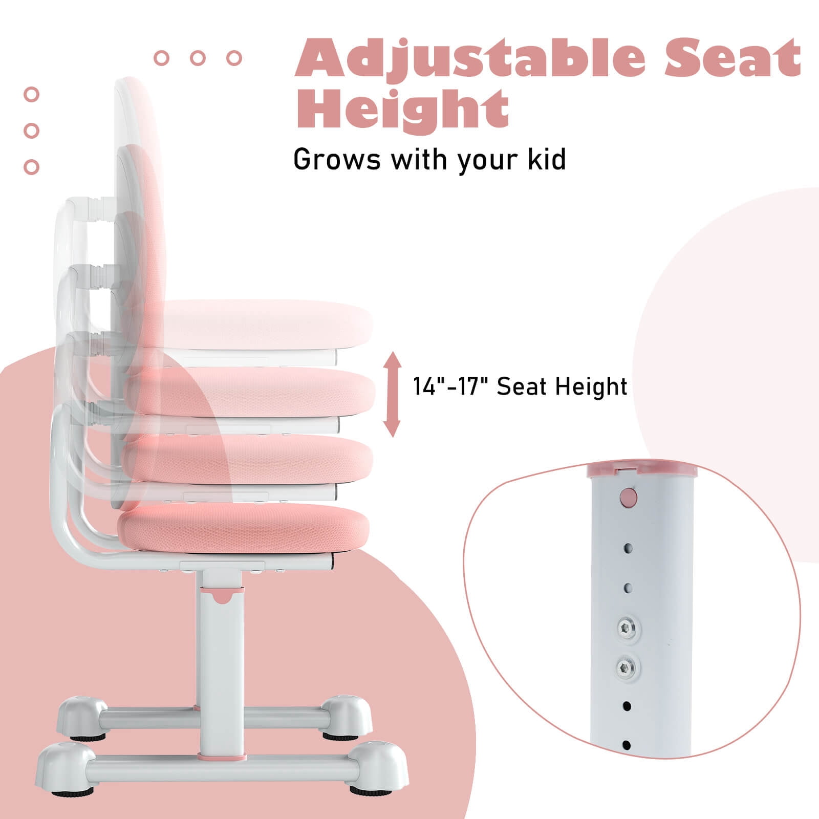 Costway Kids Desk Chair with Double Back Support Adjustable Height Upholstered Computer Chair Pink
