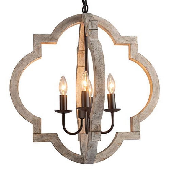 VILUXY Farmhouse Wood Chandelier Geometric Lantern Pendant Light 4-Light for Indoor Kitchen Island Dining Living Room Foyer
