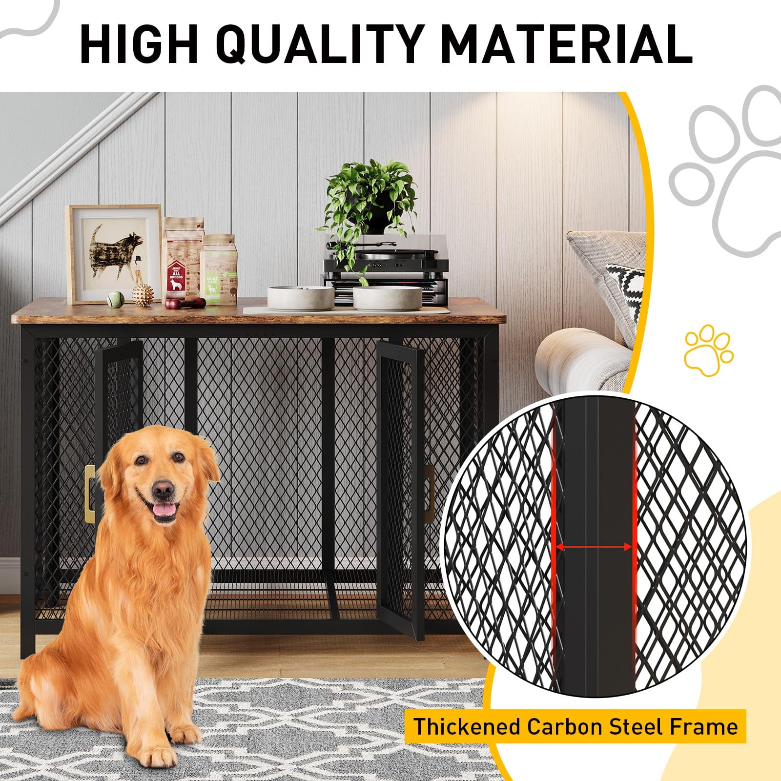 48 Inch Extra Large Dog Crate,Flip Top Dog Crate Furniture,Large Dog Kennel with 2 Doors,Latches,Heavy Duty Metal Dog Cage End Table,Farmhouse Dog Furniture for Large Medium Small Dogs,Brown