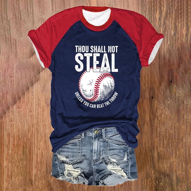 Hauts d'Été pour Femmes, Blouses Décontractées Élégantes 2024, T-Shirts à Blocs de Couleur Raglan Imprimé Lettres de Baseball Col Rond Manches Courtes Bleu