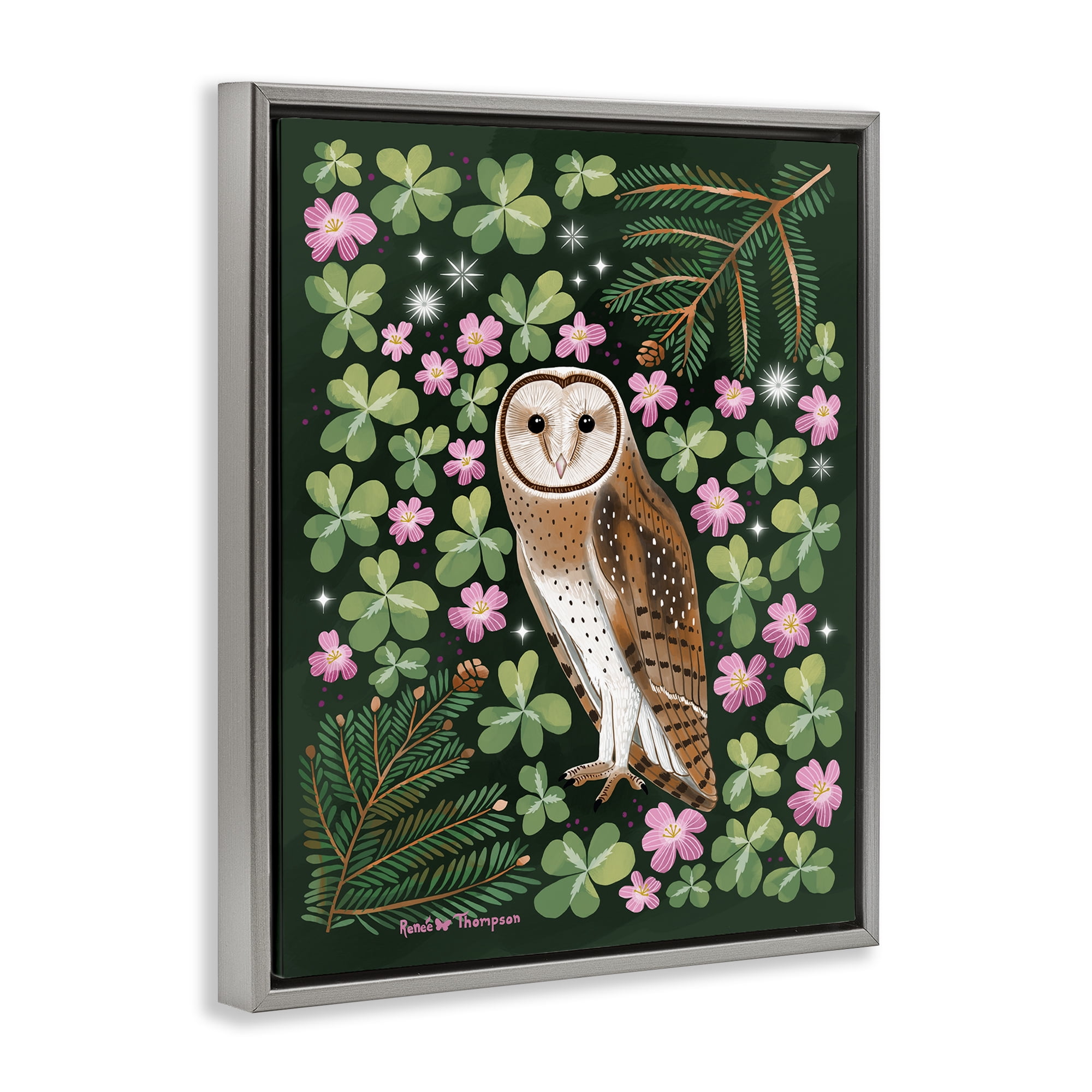 Stupell Industries Barn Owl & Botanicals Animals Painting Gray Floater Framed Canvas Art Print Wall Art, 17 x 21