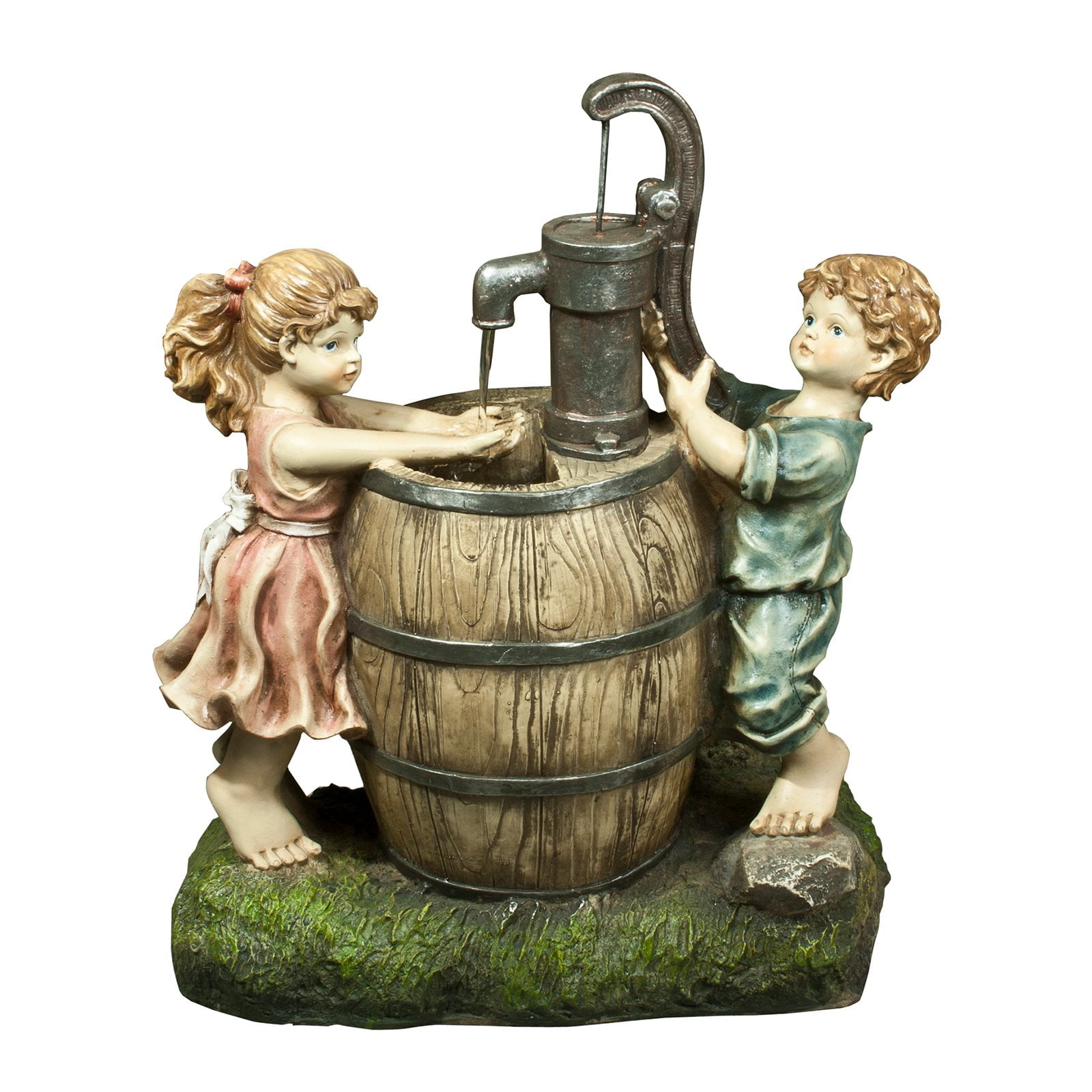 Alpine Boy and Girl Pump and Barrel Fountain by Alpine Corp