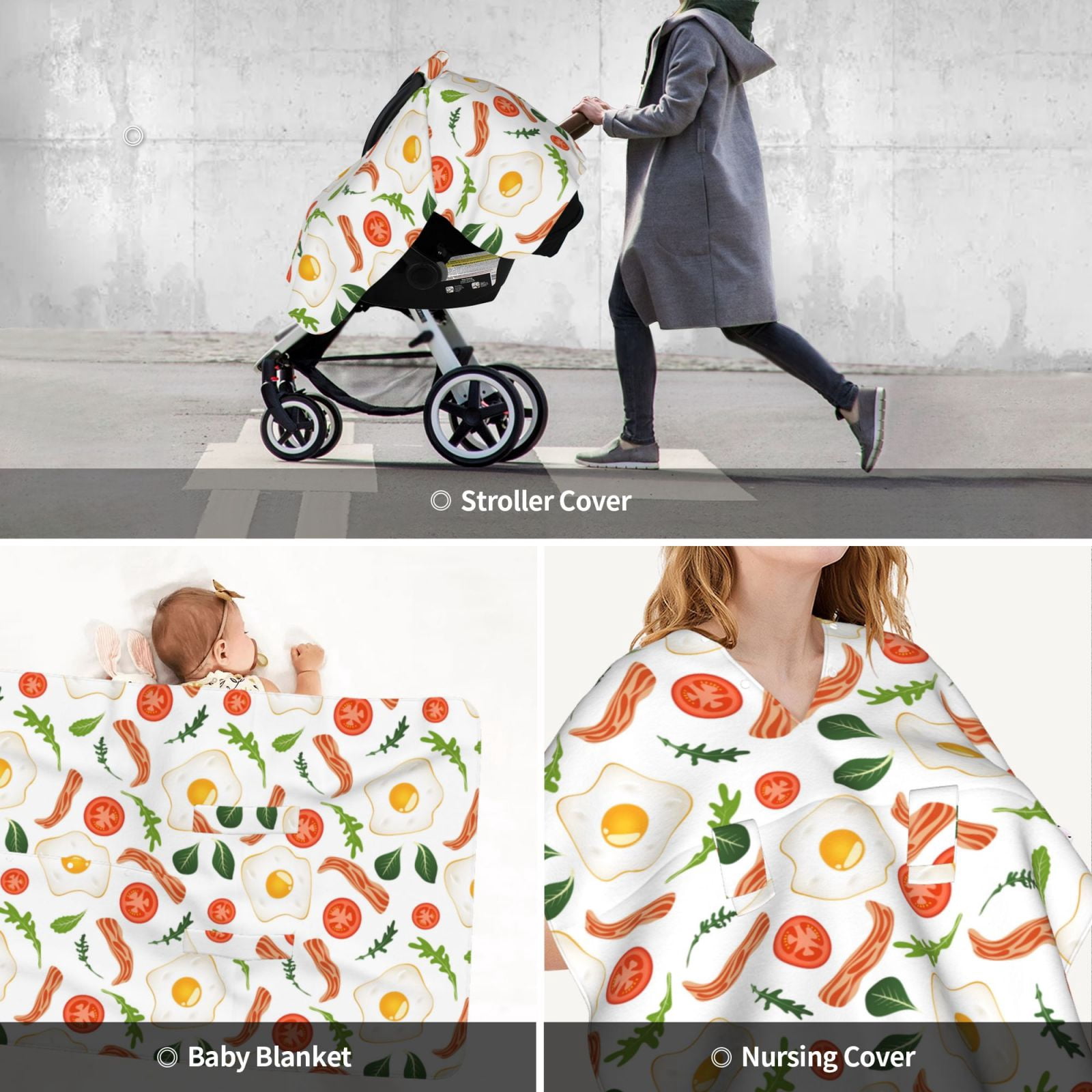 Car Seat Cover Baby - Bacon Vegetable Hobo Eggs Breathable Infant Car Seat Cover for Baby Carseat, Lightweight Comfort Baby Essentials Must Haves Newborn Stuff for Girl Boy