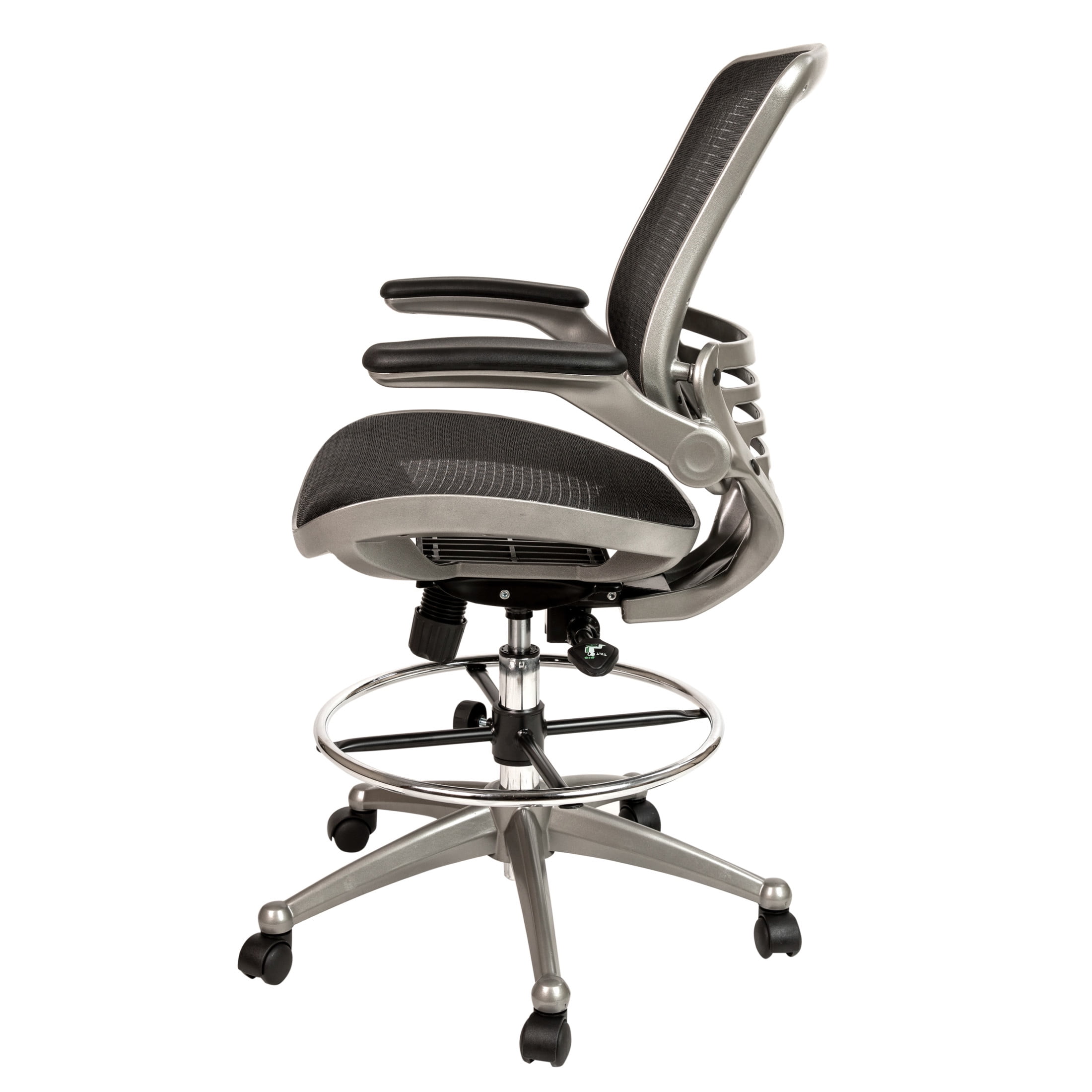 Flash Furniture Waylon Mid-Back Transparent Black Mesh Drafting Chair with Graphite Silver Frame and Flip-Up Arms