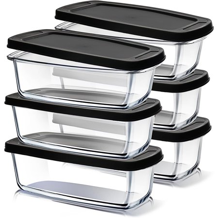 1.9 Quart Glass Bread Pans for Homemade Bread Baking, Deep Rectangular Glass Food Storage Containers with Lids, BPA Free, Microwave, Oven & Freezer Safe - 6 Loaf Pans with 6 Airtight Lids Black