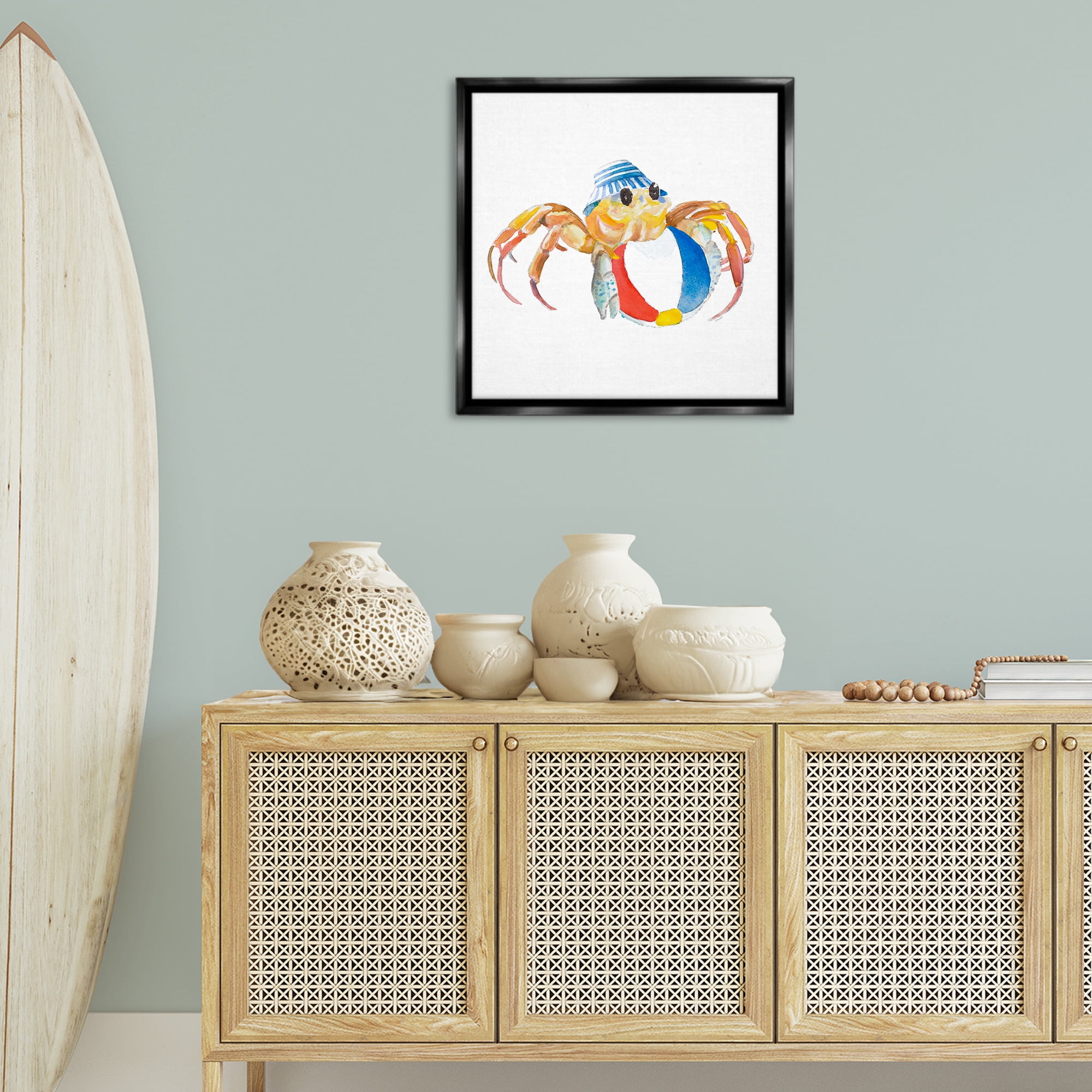 Stupell Industries Beach Ball Crab Novelty Painting Black Floater Framed Canvas Art Print Wall Art, 25 x 25