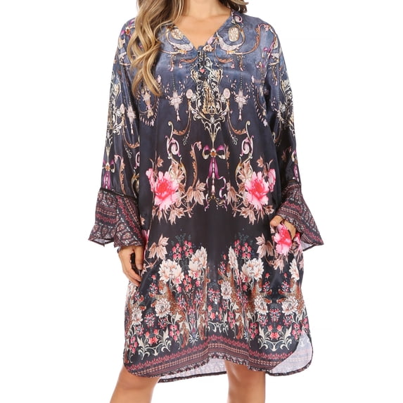 Sakkas Ximena Women's Floral Boho Cocktail Dress Tunic Cover-up V neck Summer - 474 - One Size