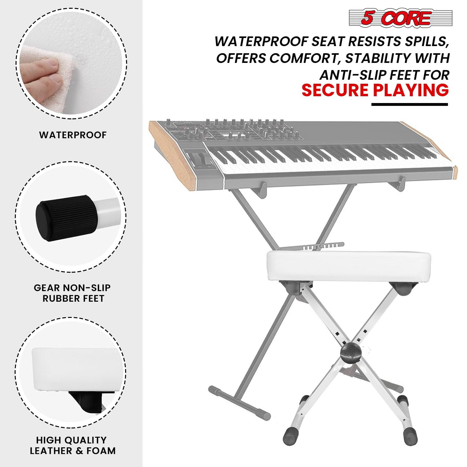 Keyboard Bench 3 Inch Padded Cushioned Piano Stool Height Adjustable Guitar Seat Heavy Duty Folding Portable Musician Chair W Nonslip Rubber Feet White - KBB WH HD