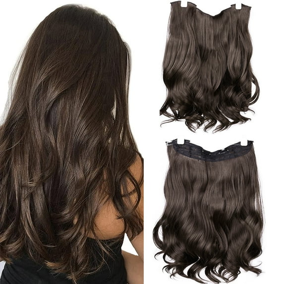 Kori Koli Transparent Invisible Wire Adjustable Fish Line Clip in Hair Extensions 16inches 150g Natural Hidden Secret False Curly Synthetic Clip in Hairpieces Wavy Hair Extension(4#)Black Brown