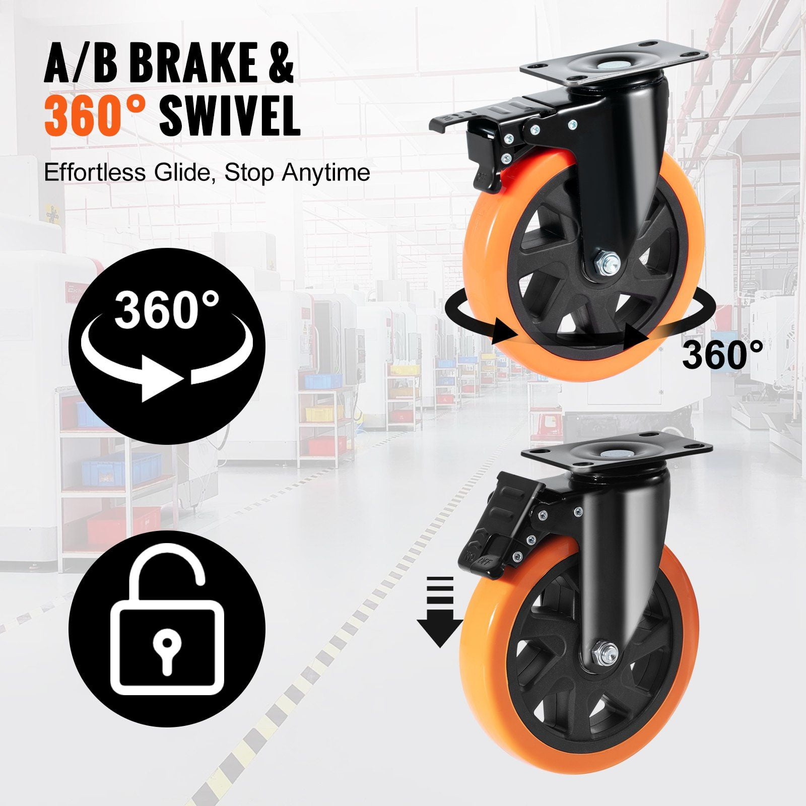 Non-Marking 6" Swivel Plate Casters - 4-Pack with Security Lock, 700lbs Capacity, PVC Wheels for Furniture/Cart