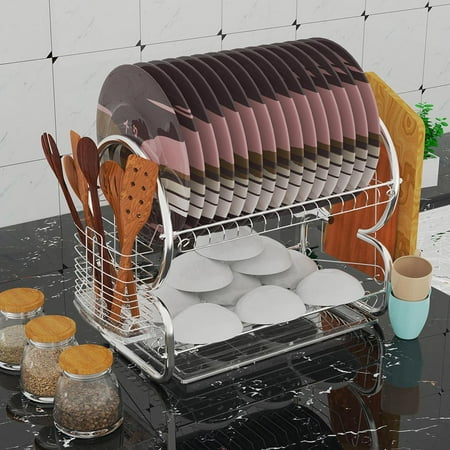 Beer Drainer - 2 Tier Dish Rack Home Kitchen Dish Drainer Drying Rack Stainless Steel Space Saver cbst
