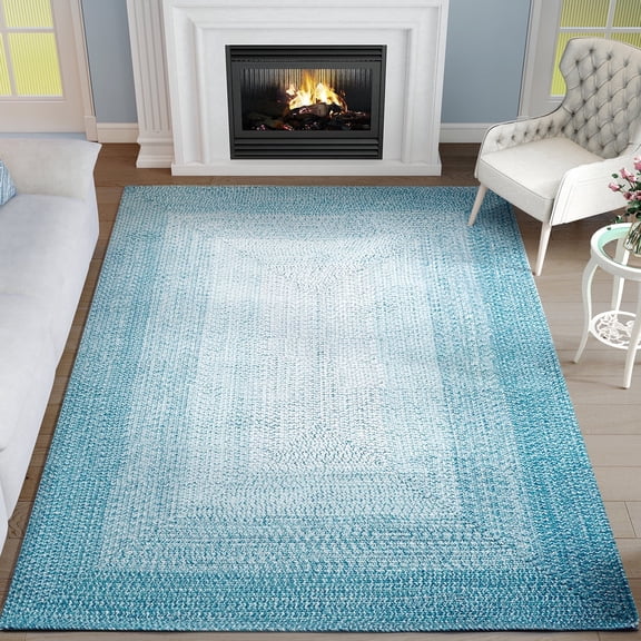 WANLISELL 5'x7' Area Rug, Braided Texture Woven Rug, Non Slip Washable Carpet, Durable for Living Room, Kitchen, Bedroom, Farmhouse Decor, Blue/White