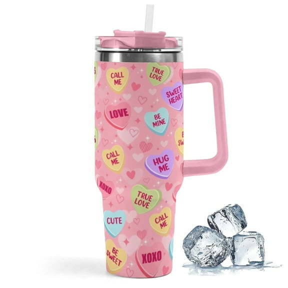 Valentine's Day Gifts 40 Oz Tumbler with Handle and Straw, Pastel Hearts Stainless Steel Double Walled Vacuum Insulated Cup, funny Anniversary Wedding Birthday Gifts for Women Girls (1 PC)