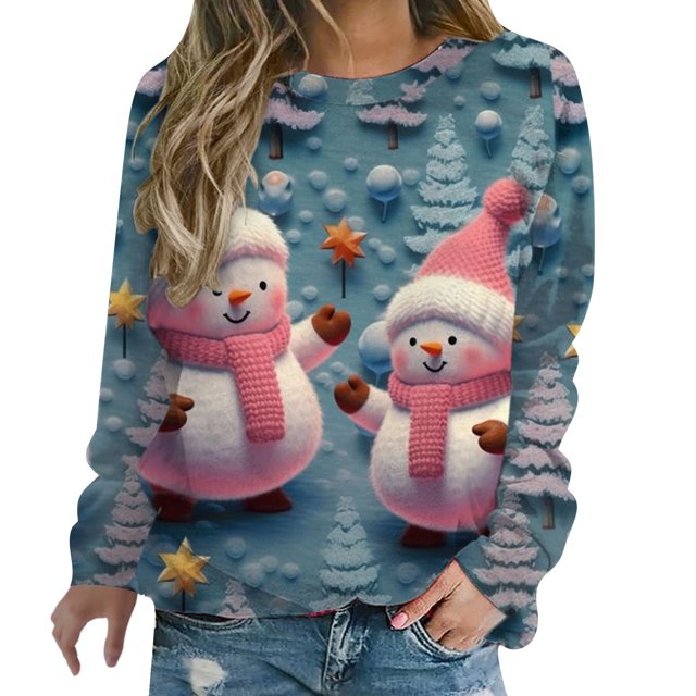 Kcodviy Chandails en Molleton de Noël pour Femmes Chandail Graphique Mignon Vêtements de Magasinage Manches Longues Col Rond Chandail Boho